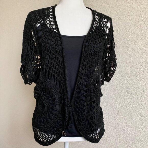 BCBG Black Macrame Tie-Front Short Sleeve Cardigan L - Picture 4 of 10